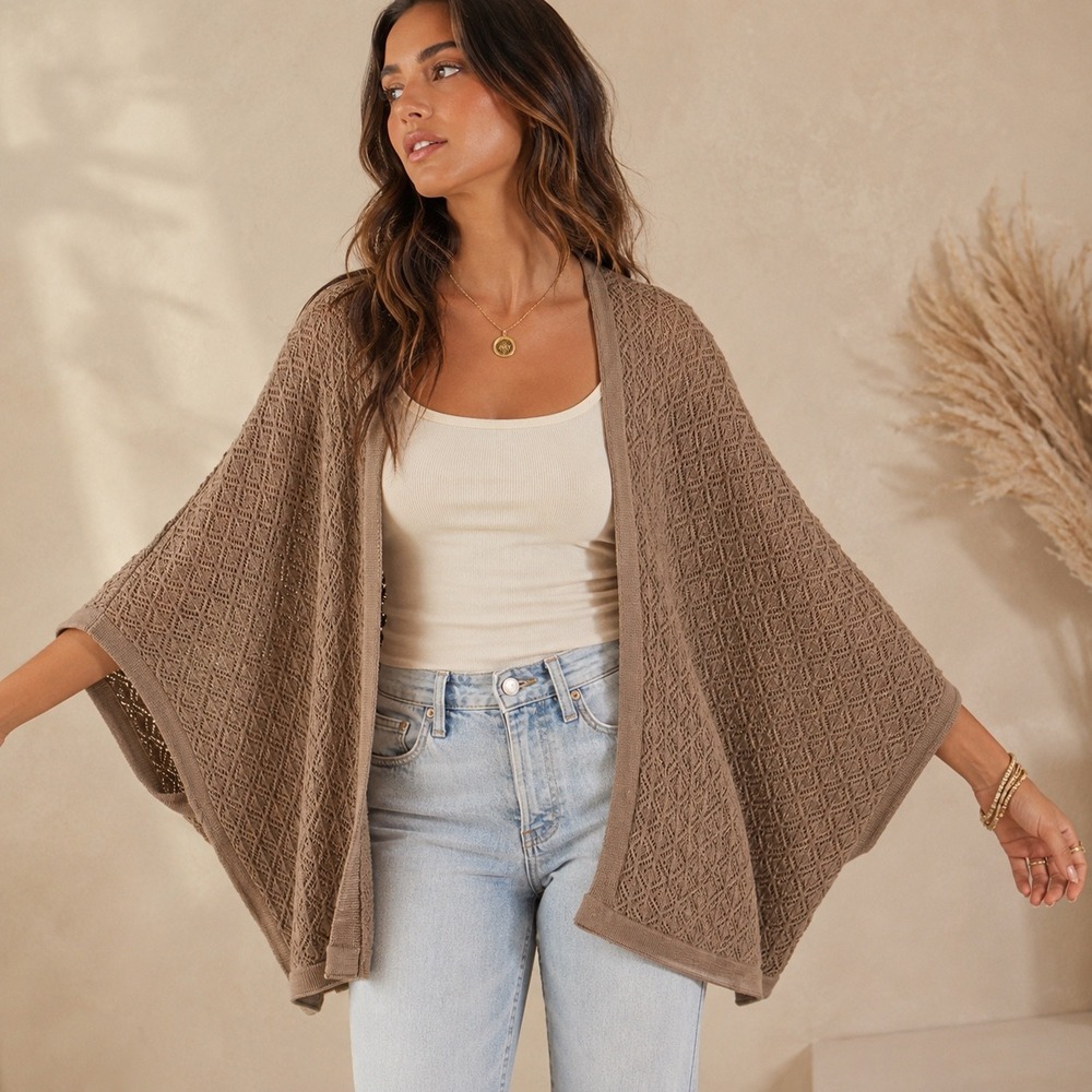 Lauren Conrad Taupe Open Knit Kimono Cardigan Oversized Dolman Boho